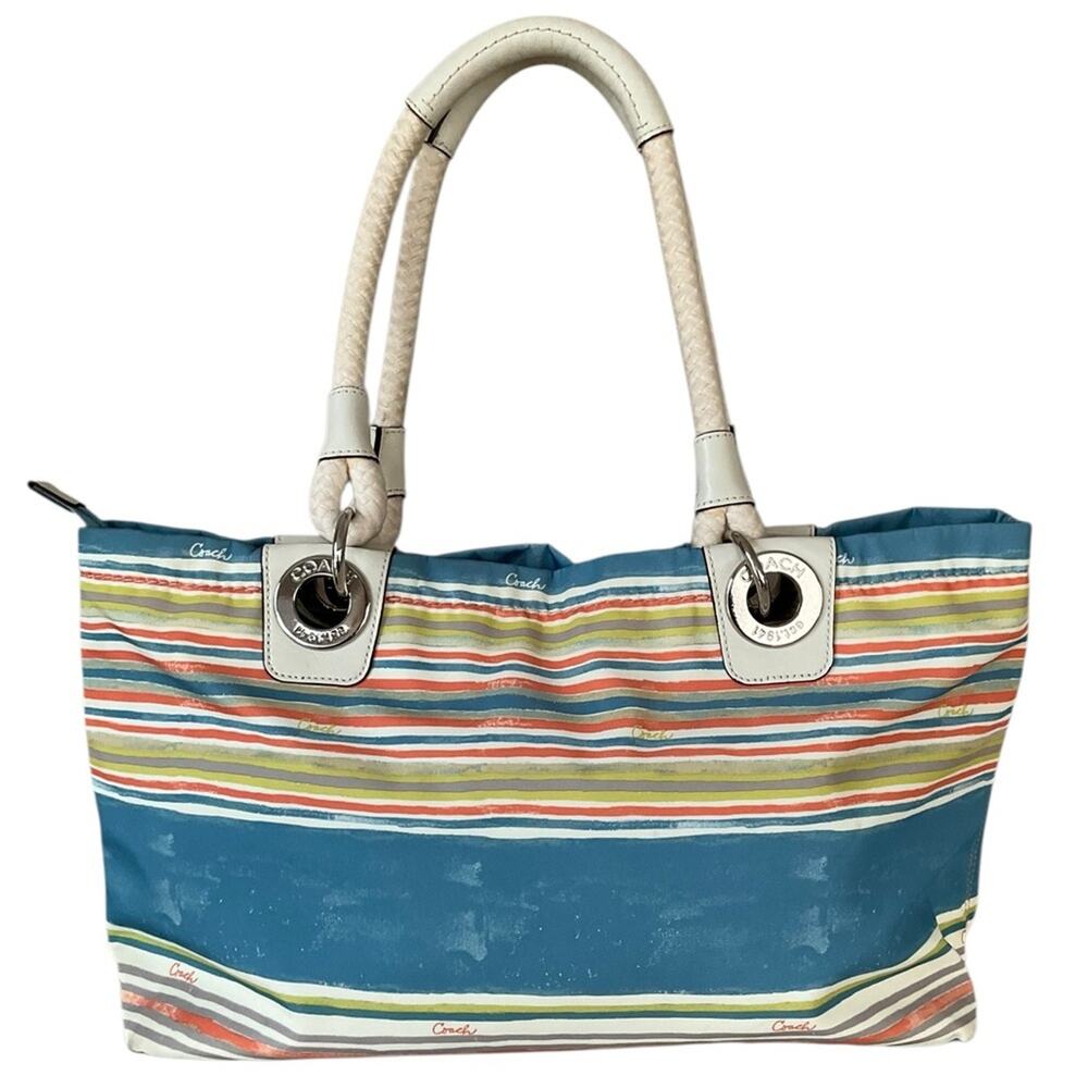 Coach Rope Beach Nylon Shoulder Bag Multicolor Striped Tote Bag F16624 - Picture 2 of 9